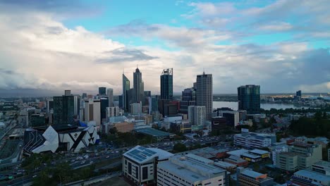 Aerial-View-Of-Perth-City-Towers,-Skyscrapers-And-Highways-In-Western-Australia---Drone-Shot