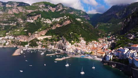 Cinematic-Establishing-Drone-Shot-Above-Amalfi-Coast,-Italian-Top-Tourist-Destination