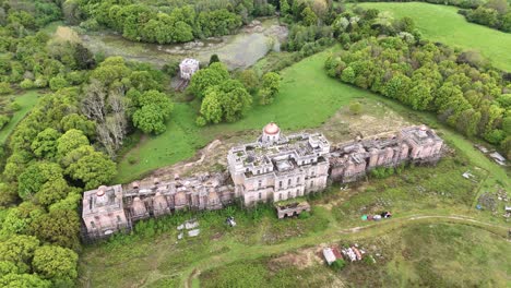 Aerial-view-on-Ghost-House-abandoned-Hamilton-Palace-in-Uckfield,-UK