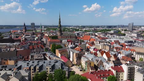 Birds-Eye-Aerial-View-Above-Old-Town-in-Riga,-Latvia