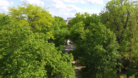 Drone-cinematic-shot-Esterhazy-Castle,-flying-through-trees-and-along-road-that-leads-up-to-castle