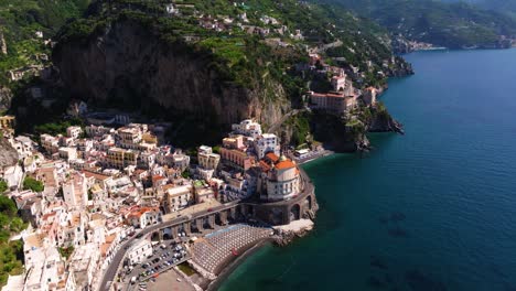 Aerial-Pullback-Reveals-Amazing-Amalfi-Coast-in-Salerno,-Campania,-Italy