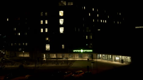 Pharmacy-in-Finland-at-night,-time-lapse