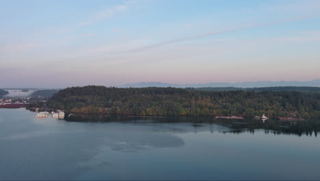 Drone-footage-revealing-the-mountain-range-over-Puget-Sound-and-tall-pines-at-sunrise,-with-a-gentle-haze-in-the-distance