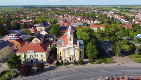 Drone-moves-forward-to-show-stunning-aerial-view-of-Szent-Anna-templom-Church-from-above