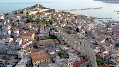 Kavala-Greece-City-Center-and-Old-Town-Fortress-Aerial-Point-of-Interest-Shot