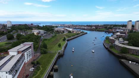 Aerial-high-angle-of-River-Wear-in-City-of-Sunderland-leading-to-North-Sea