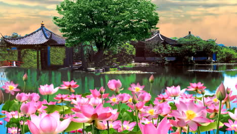 Petals,-and-lotus-pond-beautiful-scenery,-Daytime-ancient-traditional-Chinese-Japanese-landscape-Painting-of-beautiful-calm-trees,-mountains,-flowers,-lake,-water,-birds,-blue-sky,-boat,-cherry