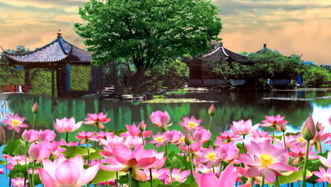 Blütenblätter-Und-Lotusteich,-Wunderschöne-Landschaft,-Tagsüber-Alte-Traditionelle-Chinesische-Japanische-Landschaftsmalerei-Mit-Wunderschönen-Ruhigen-Bäumen,-Bergen,-Blumen,-See,-Wasser,-Vögeln,-Blauem-Himmel,-Boot,-Kirsche