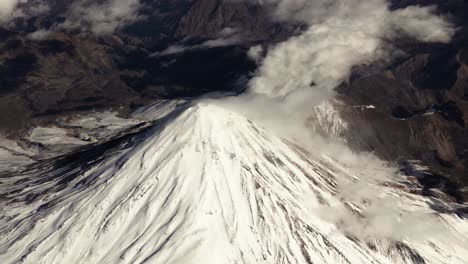 Aerial-view-from-airplane-of-Mount-Damavand,-snow-covered-Iran-mountain,-volcano-landscape-in-middle-east