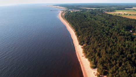 A-stunning-aerial-view-of-the-Baltic-Sea-coastline,-featuring-a-blend-of-sandy-beaches,-rocky-shores,-and-lush-green-forests