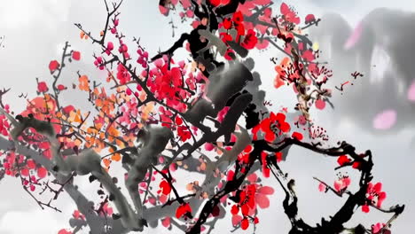 Fantasievolle,-Helle-Ambientelandschaft-Mit-Wunderschönen-Pflaumenblüten-Am-Morgen,-Himmel,-Bergen,-Blumen,-See,-Altem-Haus-Mit-Einfacher-Animation-Im-Japanisch-chinesischen-Anime-Aquarell-Stil