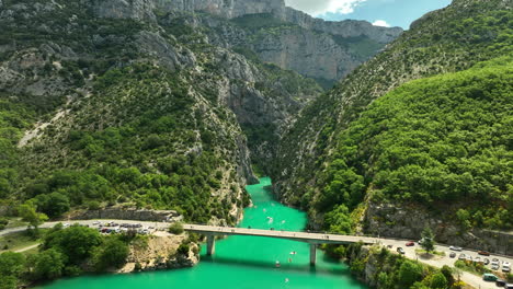 Aerial-Flying-into-the-Verdon-Gorge-From-Lake-Sainte-Croix---Sunny-Day