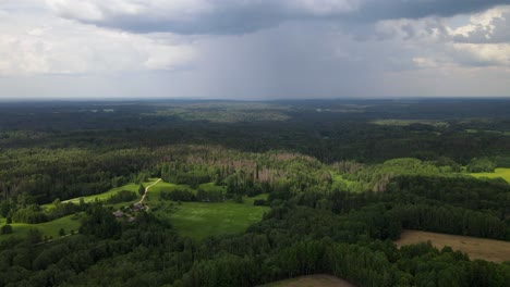 Zeitraffer-Von-Schnell-Ziehenden-Wolkenschatten-über-Grünen-Feldern-Und-Wäldern-In-Lettland