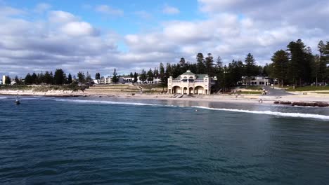 Wide-aerial-over-Perth's-most-famous-beach,-Cottesloe