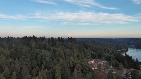 Drone-footage-of-the-peak-of-Mount-Rainier-in-the-background,-framed-by-tall-pines-and-rural-lake-homes