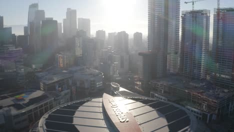 Gorgeous-aerial-shot-of-downtown-Los-Angeles-in-the-morning-over-Staples-Center