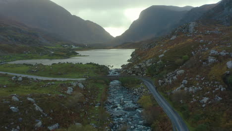 Aerial-view-of-the-Wishing-Bridge,-located-in-the-Gap-of-Dunloe,-Co-Kerry,-Ireland