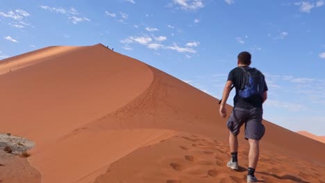 Man-start-to-climb-a-dune-in-Namib-Naukluft-National-Park,-Namibia