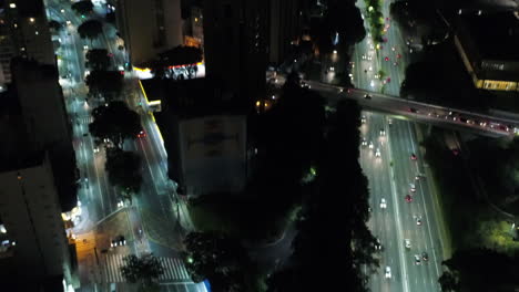 Aerial-view-of-Altino-Arantes-building,-called-Banespao,-at-sunset,-Sao-Paulo-downtown,-Brazil