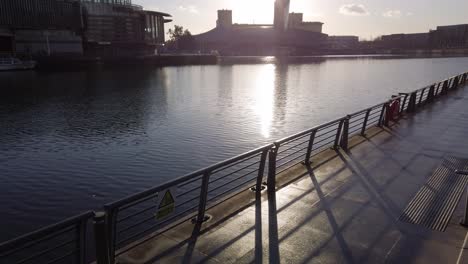 Salford-Quays-UK-Tilt-shot-of-Imperial-War-Museum-from-Media-City-Salford