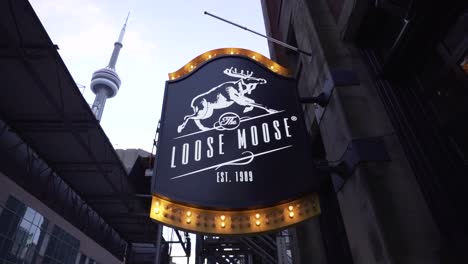 Loose-Moose-Restaurant-Illuminated-Signage-In-Downtown-Toronto,-Ontario,-Canada---low-angle-shot