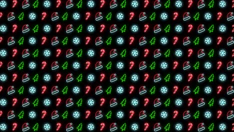 Neon-Christmas-Pattern-Background-of-Christmas-Tree,-Snowflake,-Santa-Hat-and-Candy-Cane-in-Red-Black-and-White-Looping-animation