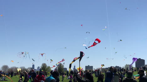 Medium-shot-of-Cricket-Hill-at-Montrose-Harbor-with-people-flying-kites-during-the-kids-and-kites-festival-with-the-Chicago-skyline-in-the-background