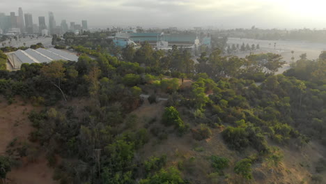 Aerial-of-Empty-LA-Dodgers-Stadium-with-Downtown-LA-Skyline