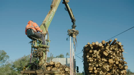 Crane-operator-uses-claw-to-stack-logs-on-truck