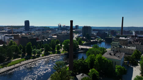 Aerial-view-of-the-Tammerkoski-river-and-downtown-Tampere,-summer-in-Finland