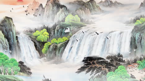 Daytime-ancient-traditional-Chinese-Japanese-landscape-ink-Painting-waterfall-style-of-beautiful-calm-trees,-mountains,-flowers,-lake,-water,-birds,-blue-sky,-boat,-cherry-blossoms-season