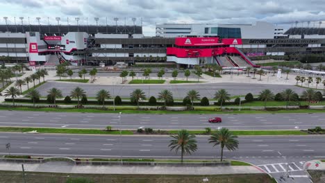 Aerial-lateral-shot-of-Daytona-International-Speedway-in-Daytona-Beach,-Florida