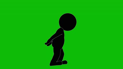 Silhouette-of-an-outlined-stick-figure-walking-with-hands-on-back-on-green-screen