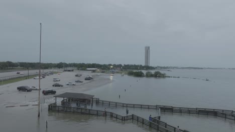 An-aerial-view-of-high-water-at-Clear-Lake-Park-pier-due-to-Tropical-Storm-Alberto-in-Pasadena,-Texas