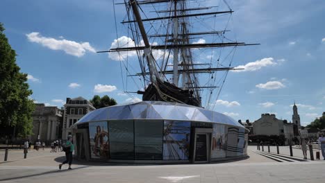 Exterior-of-the-restored-Cutty-Sark-in-Greenwich,-London,-United-Kingdom,-July-2023