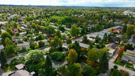 Aerial-view-rotating-over-suburban-homes,-fall-day-in-Northwest-Helsinki,-Finland