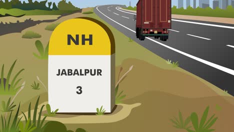 Animationsaufnahme-Eines-Autobahnmeilensteins,-Der-Die-Entfernung-Zur-Stadt-Jabalpur-Im-Indischen-Bundesstaat-Madhya-Pradesh-Anzeigt,-Während-Ein-Güterwagen-An-Der-Straße-Vorbeifährt