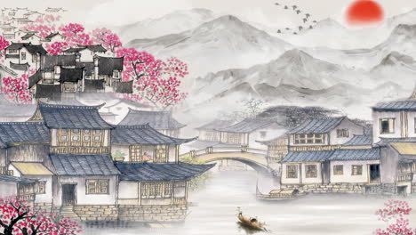 Daytime-ancient-traditional-Chinese-Japanese-landscape-color-ink-Painting-of-beautiful-calm-trees,-mountains,-flowers,-lake,-water,-birds,-blue-sky,-boat,-cherry-blossoms-season