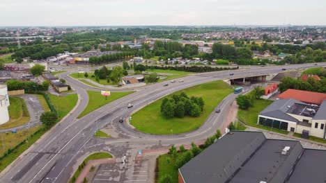 Wide-almost-empty-roads-of-Klaipeda-city,-aerial-view