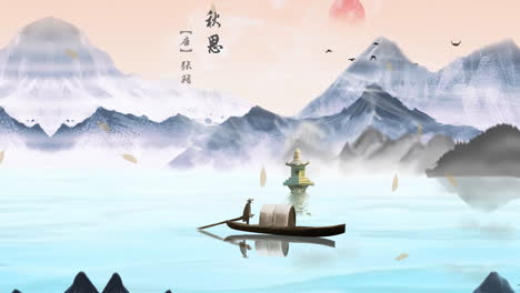 Daytime-ancient-traditional-Chinese-Japanese-landscape-ink-Painting-of-beautiful-calm-trees,-mountains,-flowers,-lake,-water,-birds,-blue-sky,-boat,-cherry-blossoms-season