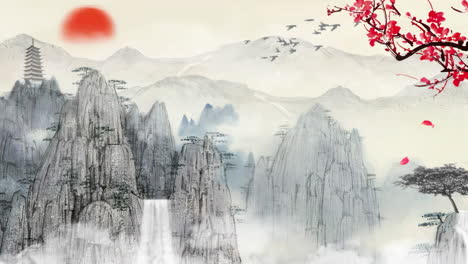 Daytime-ancient-traditional-Chinese-Japanese-landscape-ink-Painting-of-beautiful-calm-waterfall-plum-blossom-trees,-mountains,-flowers,-lake,-water,-birds,-blue-sky,-boat,-cherry-blossoms-season