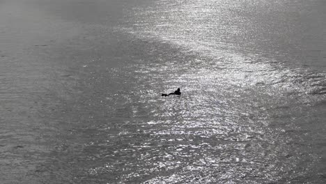 Schöne-Silhouette-Eines-Einsamen-Surfers-Auf-Dem-Meer-Mit-Reflexion-Des-Sonnenlichts-Am-Frühen-Morgen---Pegasus-Bay,-Neuseeland