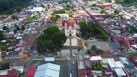 beautiful-aerial-view-with-drone-of-the-principal-church-in-the-city-of-Xico,-Veracruz,-Mexico