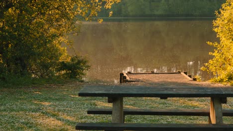 Enthüllung-Des-Sees-Bei-Sonnenaufgang-Mit-Leerem-Picknicktisch-Und-Gänseblümchen-Blumen-Gefülltem-Gras-Und-Bäumen