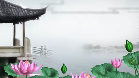 Daytime-ancient-traditional-Chinese-Japanese-landscape-ink-Painting-national-temple-lotus-pond-of-beautiful-calm-trees,-mountains,-flowers,-lake,-water,-birds,-blue-sky,-boat,-cherry-blossoms-season