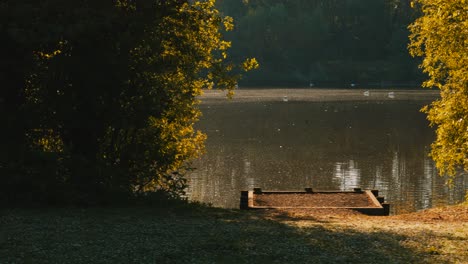 Moving-Shot-Past-Calm-Lake-with-Jetty-and-Sunrise-Sun-Flare-with-Birds,-Swans-in-Background