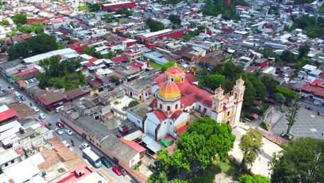 beautiful-aerial-view-with-drone-of-the-principal-church-in-the-city-of-Xico,-Veracruz,-Mexico