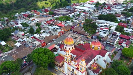 beautiful-aerial-view-with-drone-of-the-principal-church-in-the-city-of-Xico,-Veracruz,-Mexico