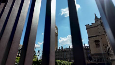 View-of-the-famous-Big-Ben-behind-gates-at-Westminster,-London